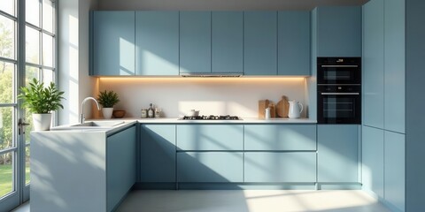 Modern minimalist kitchen design with pale blue cabinetry and integrated appliances, sunlit interior