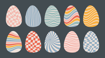 Groovy Hippie Wave Easter Eggs with Distorted Checkered and Uneven Stripes Pattern Set. Isolated Retro Twisted Waves Trippy Grid and Stripe, Fluid Liquid Wavy Lines elements. Vector illustration