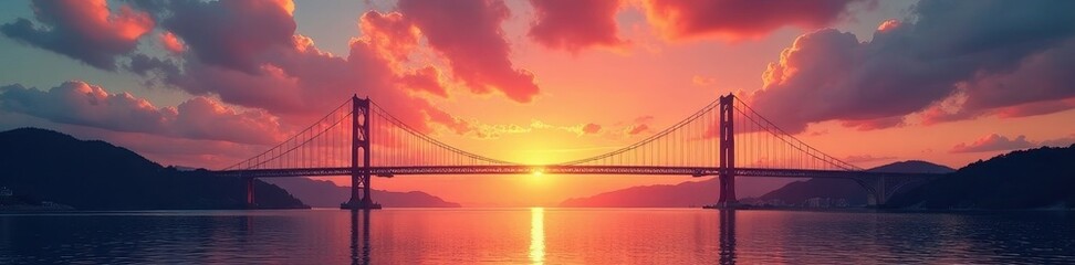Sunrise over the bridge's towers, dramatic sky , scenery, dawn, sky