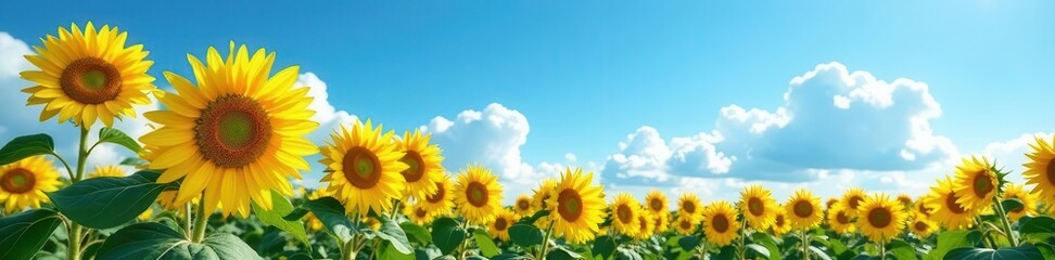 Obraz premium Tall sunflowers stretch towards a cloudless azure sky , yellow, sunflowers field, countryside