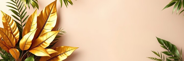 Golden Tropical Leaves on Beige Background Elegant Nature Design