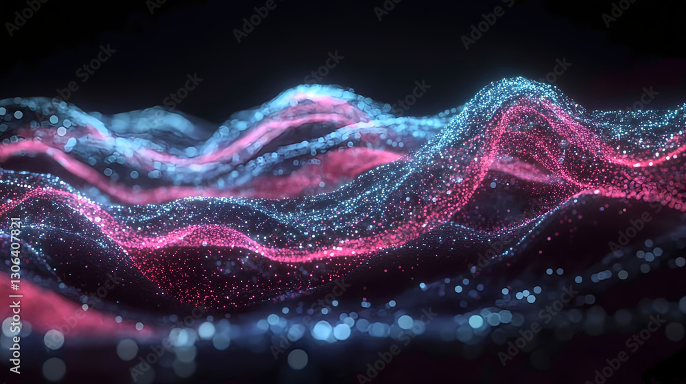 Poster dynamic light waves simulation digital art abstract composition dark environment close-up view visua