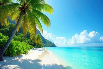 Tall palms sway gently, turquoise water laps shore, tropical, scenic, beach