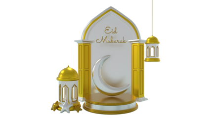 Eid Mubarak background with 3D Gold Podium Mosque, Islamic Crescent ornaments, Gold Lantern and stars