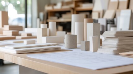 Collection of architectural model materials on a workshop table with natural light filtering in