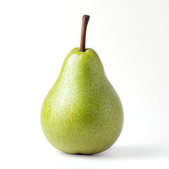 This whole green pear displays its vibrant color and smooth texture against a pristine white backdrop