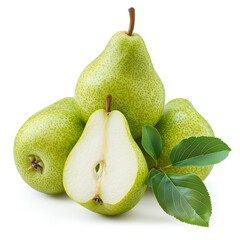 A cluster of whole green pears showcases their natural beauty, with one fruit sliced in half revealing its juicy interior. This vibrant arrangement highlights freshness