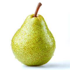 A whole green pear stands prominently, covered in refreshing droplets that enhance its vibrant color
