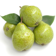 Pairs of whole green pears display their smooth, vibrant skin nestled together with fresh leaves on a crisp white backdrop, highlighting their natural allure and freshness