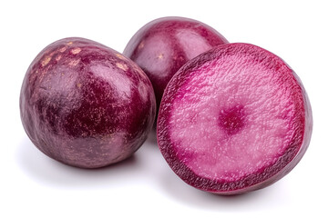 Three whole red radishes are displayed against a pristine white background, highlighting their smooth texture and deep color. Perfect for showcasing healthy eating