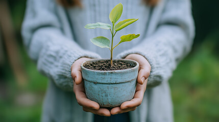person with hope holds small plant growing from pot, symbolizing new beginnings and growth, nurtured with care