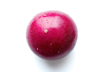 A whole red radish rests against a clean, white background, showcasing its fresh, crisp surface. This striking vegetable embodies vibrant colors that inspire healthy food choices and vibrant dishes