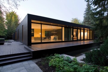 Modern Rectangular Black House with Large Glass Windows and Wood Patio in Daytime