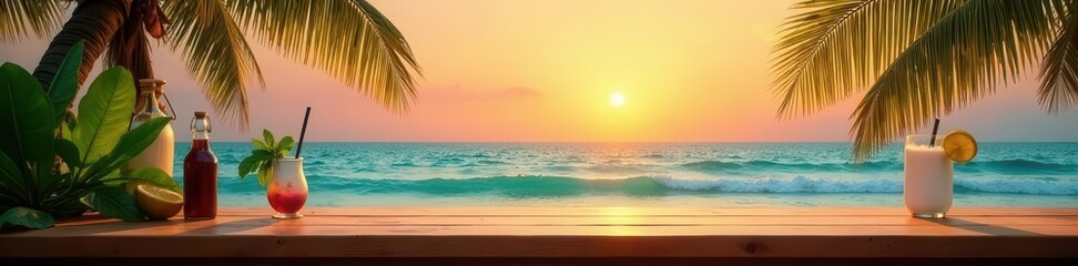 Tropical beach bar countertop; palm leaves, sand, ocean, sunset, paradise, texture