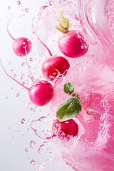 Whole red radishes burst forth, surrounded by splashes of water that create a dynamic and fresh atmosphere. The clean white background enhances the vivid colors and crispness of the radishes