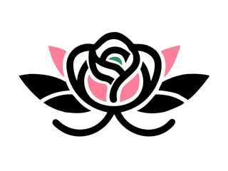 A stylized, flat vector graphic of a red rose with green leaves .Elegant red rose logo design with green leaves.