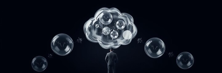 Businessman standing with a pensive expression, surrounded by a large thought bubble filled with symbols of ambition, creativity, and problem-solving, future, business