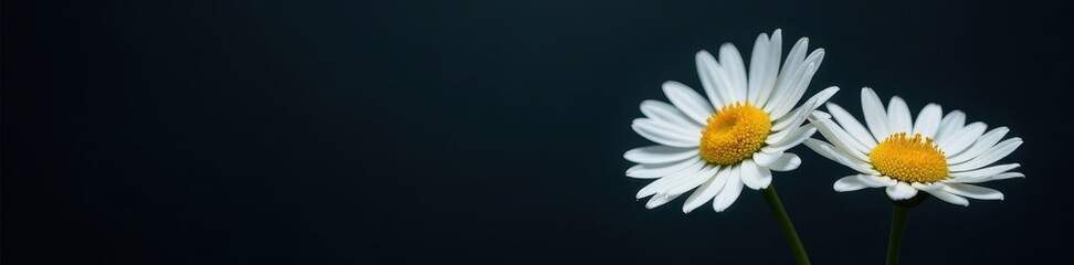 Fototapeta premium Two delicate daisy flower heads, dark background, empty space, photography, wildflower