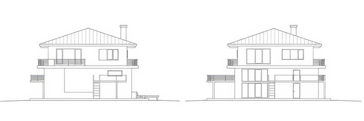 Blueprint of a modern house including floor plans, elevations, and sections, all drawn in a vector illustration style, blueprint, house