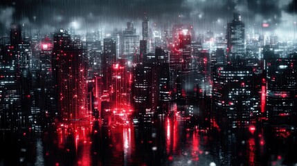 Obraz premium A futuristic cityscape is depicted under a rainstorm with red lights