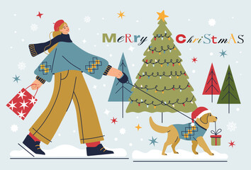 Christmas new year cartoon illustration girl walking dog on light background