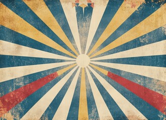 vintage circus background with ornate frame and sunburst rays, retro color scheme in blue, beige, and yellow, vector illustration for posters, flyers, and invitations, carnival background