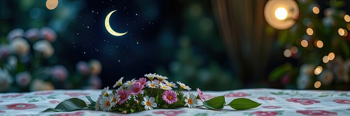 Night scene flowers crescent moon stars serenity peace tranquility floral arrangement bedtime