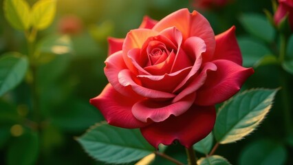 Fototapeta premium A Single Crimson Rose Blossom in Soft Sunlight, Detailed Petals and Lush Green Foliage