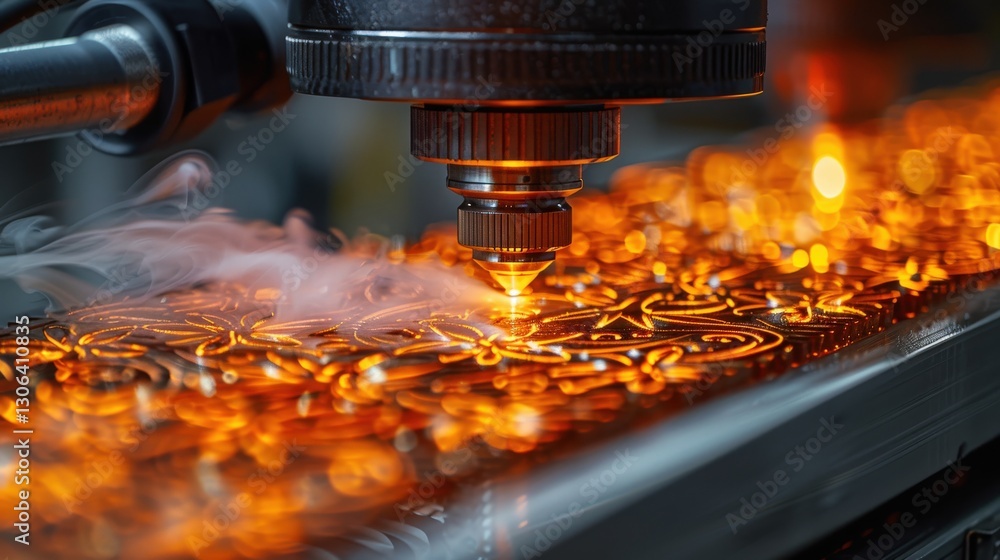 Poster close-up of a cnc laser cutting machine precisely etching an intricate design onto a glowing metal s