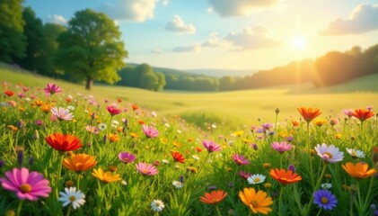 Sun-drenched meadow, wildflowers creating a sea of color, idyllic, stem, season