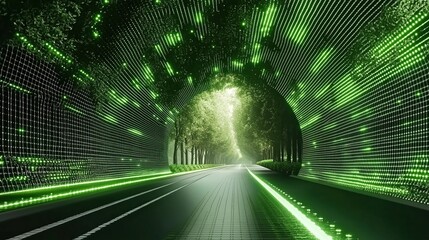 Digital Green Light Tunnel Inviting Exploration with Luminous Cues and Futuristic Vibes