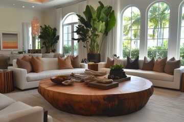 Fototapeta premium A luxury living room in Miami, using wood and natural materials, featuring an oversized round wooden coffee table surrounded by comfortable seating