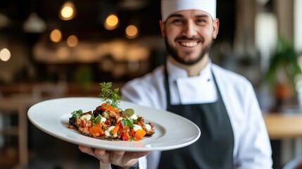 Chef holding a plate of beautifully arranged gourmet food, with a satisfied smile, symbolizing high food expectations and culinary excellence.