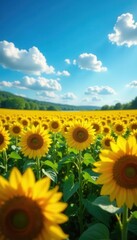 Sun-drenched sunflowers in vast field, vibrant blue sky, fluffy white clouds , horizon, flowers, bloom