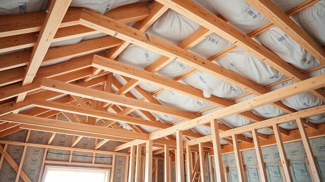 An unfinished attic with exposed wooden beams and insulation, construction, renovation