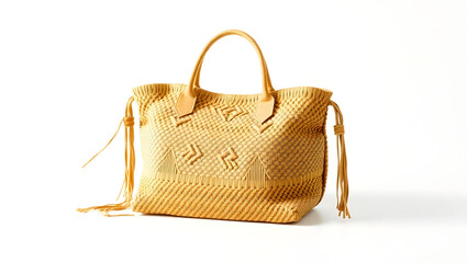 an elegant tan handbag with a unique woven texture, set against a clean background