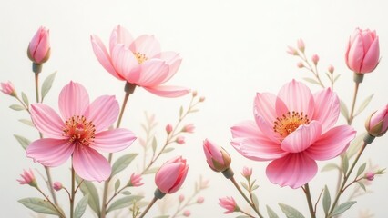 Delicate Pink Blossoms, a Close-Up View of Paper Flowers in Full Bloom, Artfully Arranged on a White Background, Presenting a Serene and Elegant Composition.