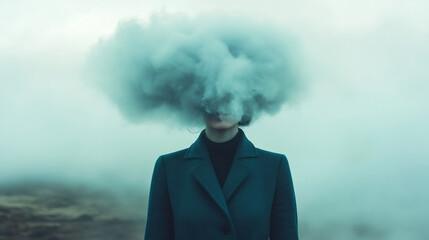 Surreal portrait of a woman with a cloud covering her head in a foggy landscape. Confusion and mental health concept