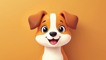 Cute smiling cartoon dog character on orange background. Cheerful puppy, domestic animal pet design, logo or icon. Doggy smiles, visual art illustration for veterinary clinic.