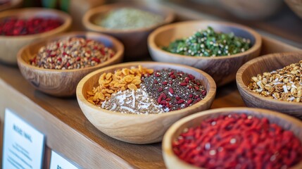 A variety of acai bowls with different toppings like chia seeds, goji berries, and coconut flakes, placed on a table with a printed acai menu.