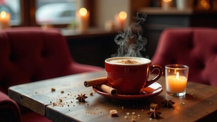 Warm Aromatic Beverage with Cinnamon Sticks and Star Anise on Wooden Tabletop