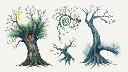 Fototapeta premium Enchanted Trees Fantasy Tree Illustrations Magical Forest Whimsical Nature Art
