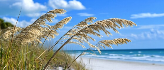 Serene beach landscape with sea oats swaying in the breeze on a sunny day Coastal scene of tranquility, nature, and relaxation