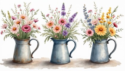 Watercolor illustration features colorful wildflower bouquets in rustic metal jugs on wooden surface. Chamomile, daisy, poppy, clover flowers design for invitation card, banner, wallpaper, valentine,