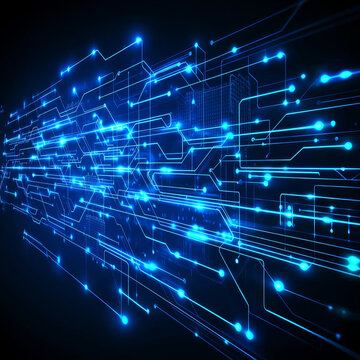 Glowing blue circuit board pathways, digital stream, technological network