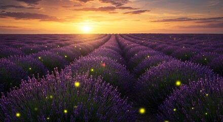 Naklejka premium A whimsical lavender field under a golden sunset with fireflies glowing