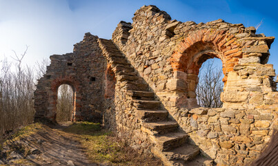 Old fortress ruins near chapel in a small czech town Petrohrad. Way of pilgrims, Czech republic.