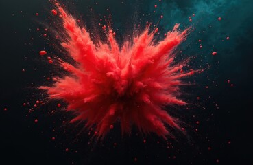 Dramatic red paint explosion on black backdrop. Splashes, stains, colors create abstract blood cloud dust effect. Powder spray ink mist paper bloody spot backdrop.