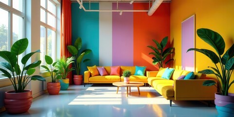 Vibrant Yellow Sectional Sofa in a Sunlit Room with Colorful Walls and Lush Potted Plants