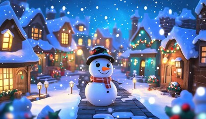 Cute snowman in a snowy Christmas village at night.